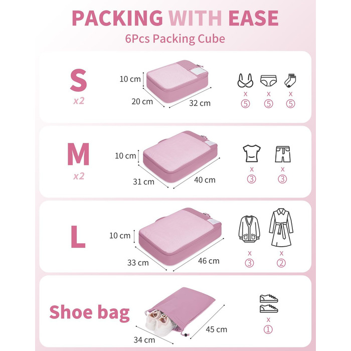 ECOHUB Органайзер для валізи, набір 6 шт. з ID-міткою, еко-пакувальні куби, легкі дорожні сумки, органайзер для рюкзака, патендована модель (Темно-рожевий)