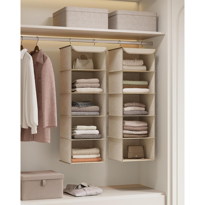 Органайзер для шафи SONGMICS, Hängeorganizer, складний, з металевими гачками та бамбуковими вставками, бежевий, 2 шт.