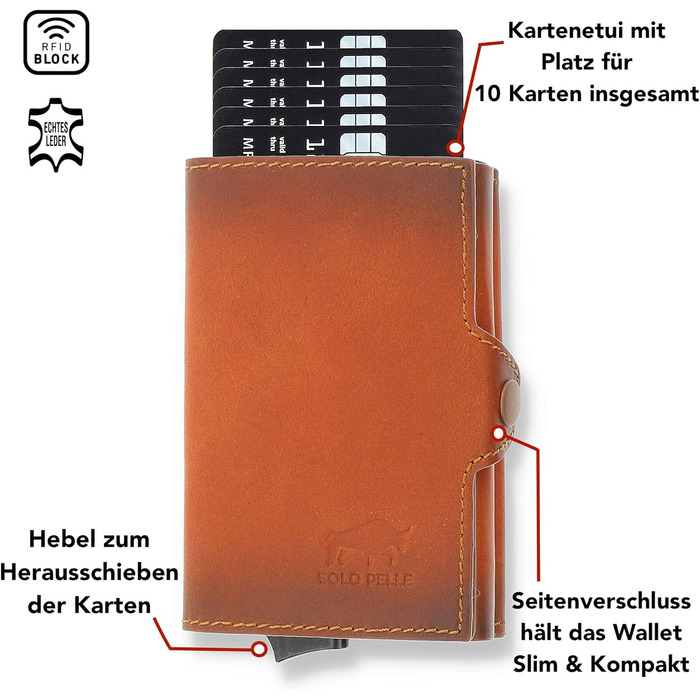 Стильне шкіряне картхолдер Solo Pelle Mech (коньячний) з RFID захистом: 11 карт, кишеня для купюр та монеток