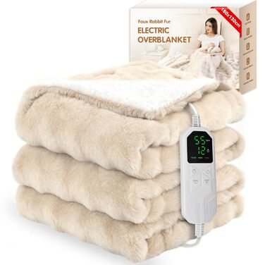 Електрична гріюча ковдра Warmfay з автоматичним вимкненням, 180 × 130 см, штучне хутро, теплий фліс, 8 режимів нагріву, таймер 1-12 годин, пральна, м'яка ковдра для ліжка та дивана - кольору абрикос