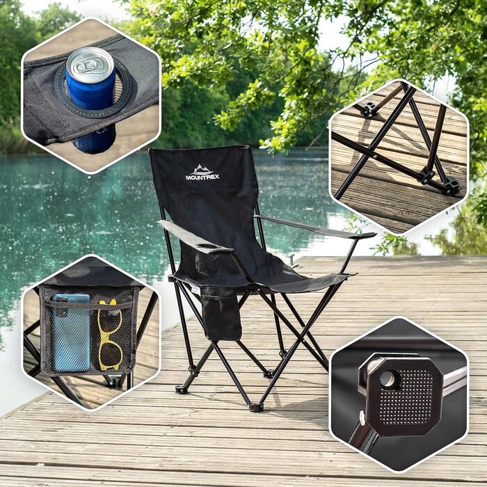 Крісло для кемпінгу MOUNTREX складне (до 120 кг) - регульовані підлокітники, для риболовлі, пляжного відпочинку, компактне та легке, з підстаканником та сумкою, чорне