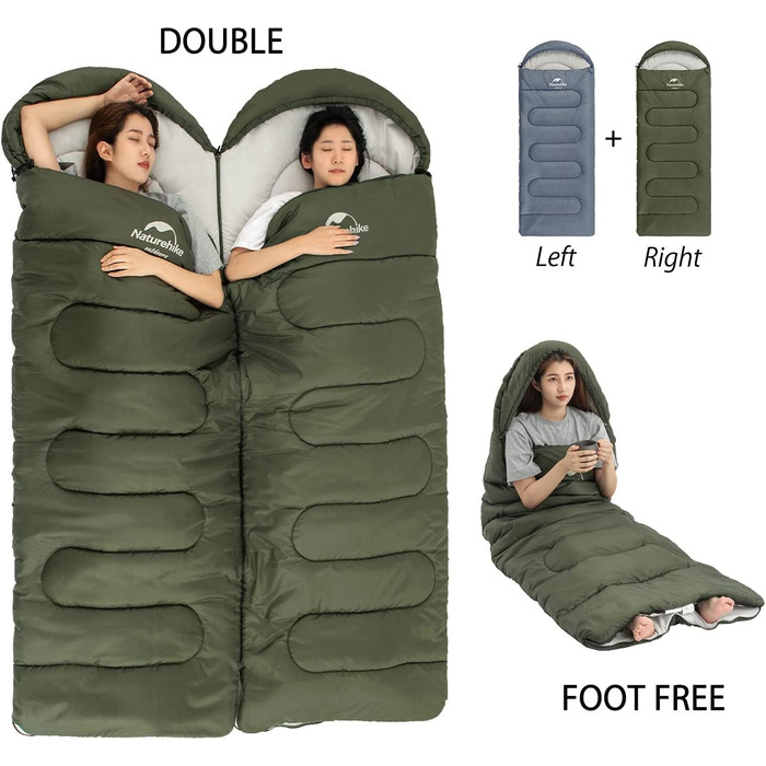 Бавовняний спальний мішок-худі Naturehike Y150L, температурний режим -6°C, зелений, лівий