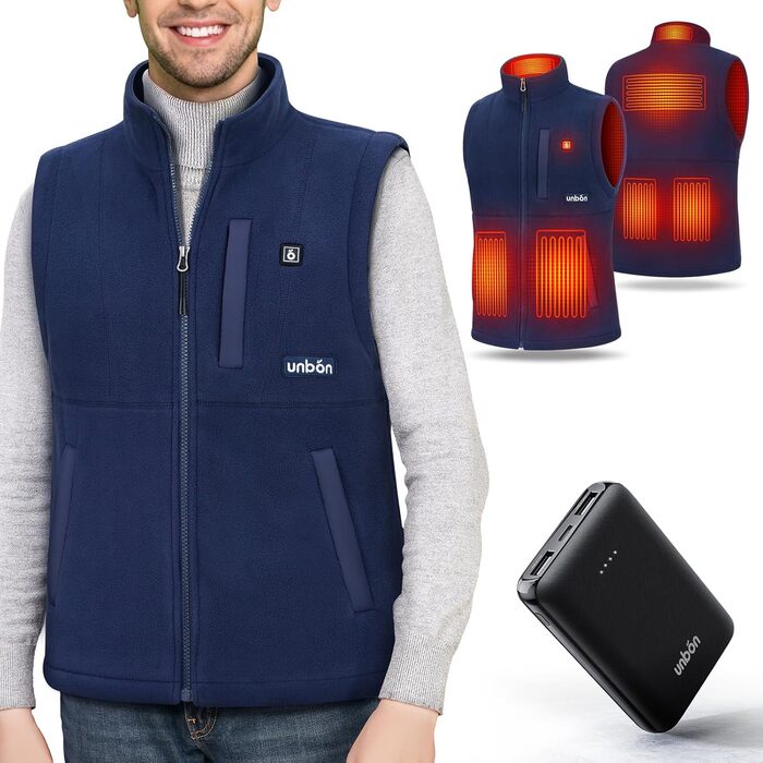 UNBON Гріюча жилетка з флісу, чоловіча жилетка з підігрівом, жилетка з Powerbank 10000mAh USB, 3 режими нагріву, 6 зон нагріву (XXL, Синій)