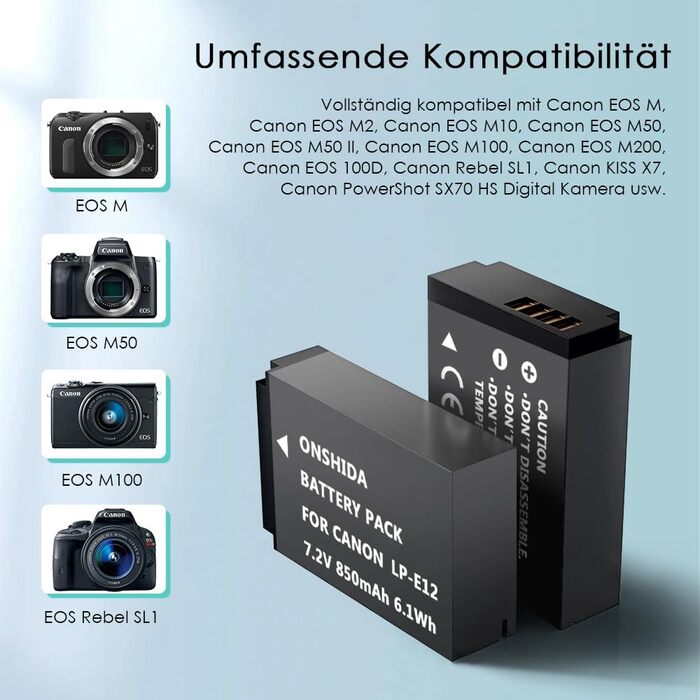 Акумулятор для камери Onshida LP-E12, 2 шт. 850mAh, зарядний пристрій, комплект для Canon EOS M, M2, M10, M100, 100D, Rebel SL1, KISS X7, M50