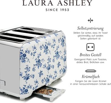 Тостер VQ Laura Ashley з 4-ма тостами, регулюванням нагріву, функціями розморожування та підігріву, з насадкою для круасанів, нержавіюча сталь, ретро-дизайн, колір 