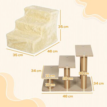 PawHut 4-Step Dog Stairs, 35 cm Cat Stairs for Bed and Sofa, Pet Stairs for Dogs and Cats up to 5 kg, Plush Appearance (46L x 35W x 35H cm, Beige)