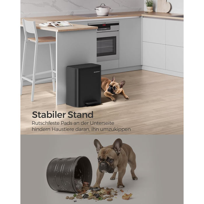 Відро для сміття SONGMICS 20 л з кришкою, з педаллю, нержавіюча сталь, Soft-Close, з внутрішнім відром, антиковзне педаль, хмарно-білий LTB542W02 (Чорний)