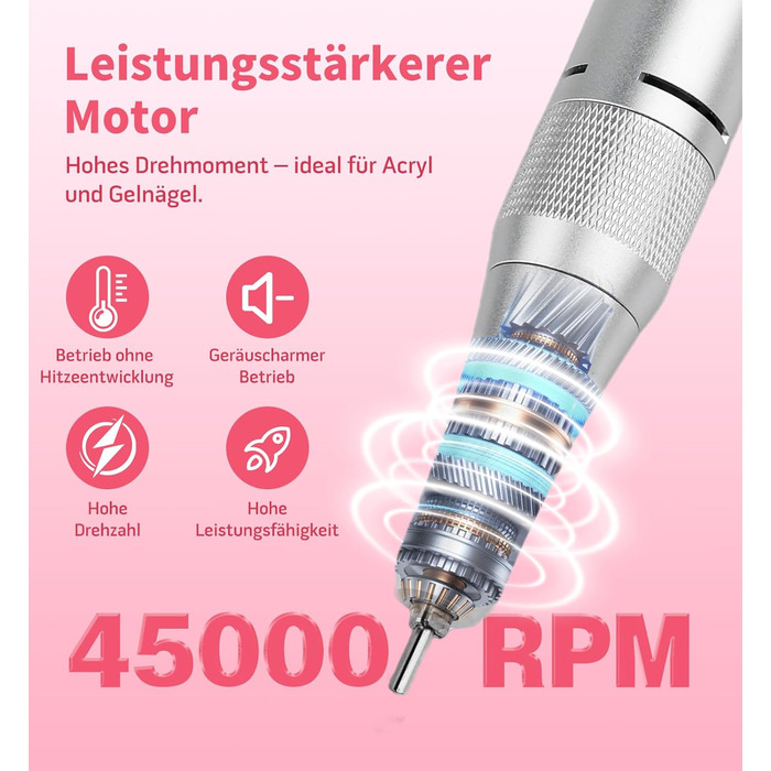 Електричний фрезер для нігтів Ziweo з LED дисплеєм, 45000 об/хв, для манікюру та педикюру, для гелю, акрилу, акригелю, Shellac