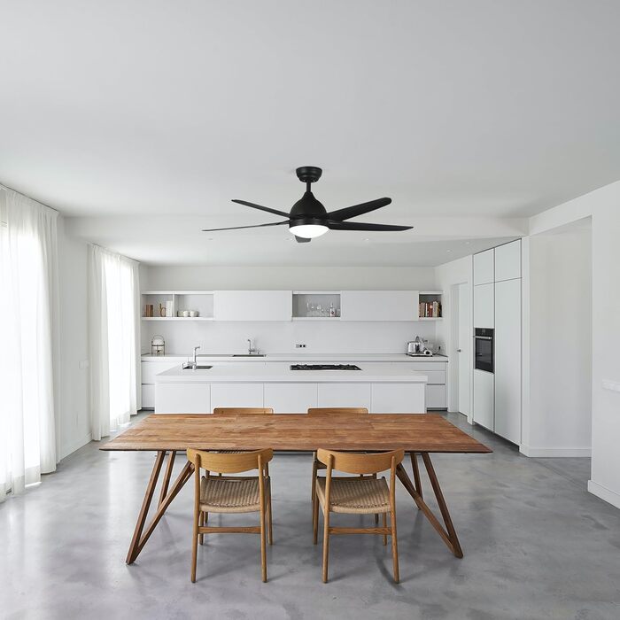 Стеляний вентилятор FINXIN з LED-лампою 132/122 см для спальні, вітальні, їдальні. Включає мотор, пульт керування (5 лопатей, чорний)