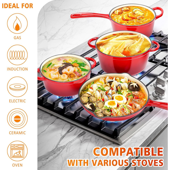 Набір чавунної емальованої посуду Denmay 7 предметів: голландська піч, сковорода, каструля для тушкування, соусник, 3 кришки, червоний. Підходить для всіх типів плит.