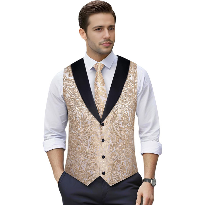 Костюм чоловічий DiBanGu 7-частинний: жакардовий піджак, краватка, жилет, сорочка з коміром, для весілля, свят, урочистих подій. Кольори: золото, чорний, шампань, срібло (XL)