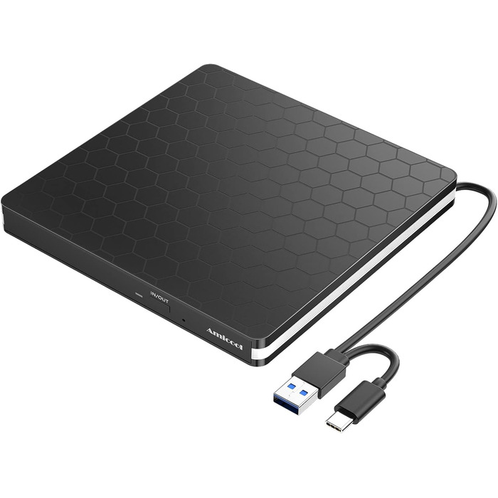 Зовнішній DVD-накопичувач Amicool USB 3.0 та Type-C, портативний CD/DVD +/-RW привід для ноутбука, ПК та MacBook (Windows, macOS, Linux)
