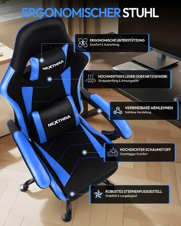 Геймерське крісло Nexthra Ergonomisch з підставкою для ніг, до 180 кг, блакитне. Регульована спинка 150°, для геймінгу та офісу