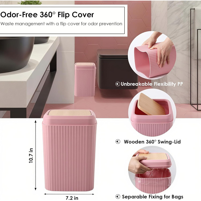 Набір аксесуарів для ванної кімнати, 10 предметів, рожевий та бамбуковий. Містить: смітник, піднос, дозатор мила, мильниця, тримач для зубних щіток, стакан для зубних щіток, тримач для серветок, WC-щітка та автоматичний диспенсер.