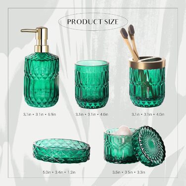 EMPO 6-Piece Bathroom Accessories Set in Clear Glass (Lotion-Soap Dispenser, Soap Dish, Toothbrush Holder, Cup, Cotton Swab Holder), Modern Decoration, Crystal-Vintage Gift (Oceanente) (6 Pcs Vintage Jade)