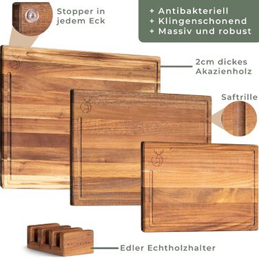 Набір дерев'яних обробних дощок WALDWERK (3 шт.) з акціїї, 2 см товщиною, з канавкою для соку, з підставкою. Розміри: 40x30 / 33x24 / 26x18 см