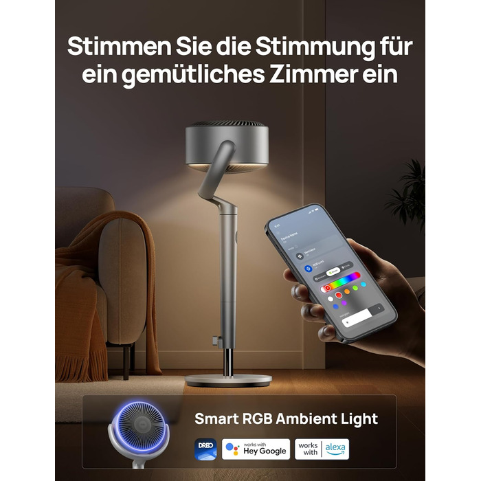 Вентилятор підлоговий Dreo з Wi-Fi та LED, 102 см, 8 швидкостей, 3 режими, 1200 м³/год, срібний