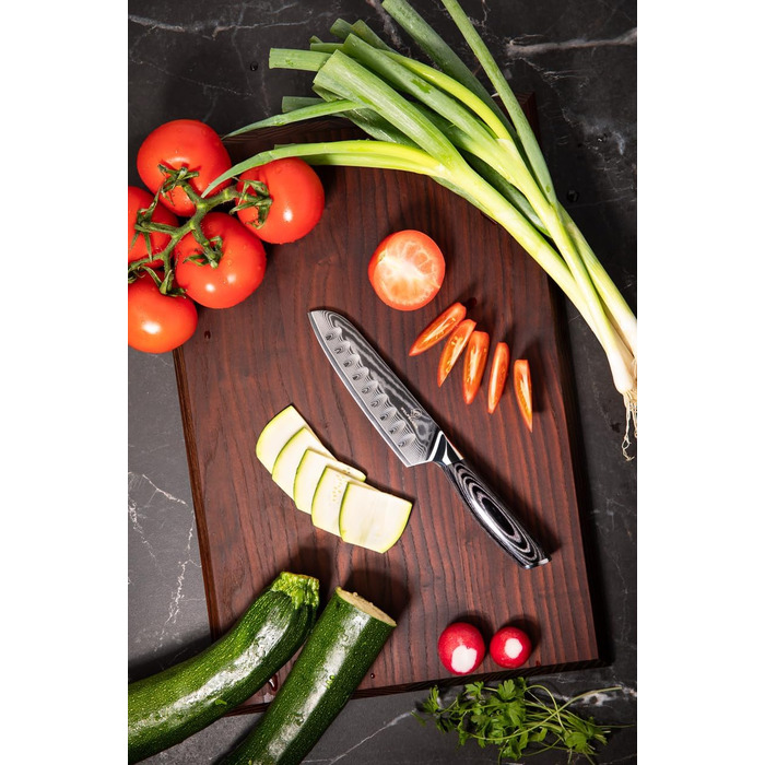 Ніж Wolfblood PRO Damast Santoku (23 см) з дамаської сталі 67 шарів - професійний кухонний ніж з дерев'яною ручкою, подарункова коробка та захист леза