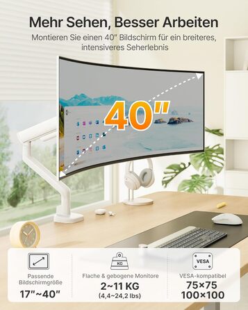 Кронштейн для монітора monTEK для екранів 17-40 дюймів, білий, навантаження до 12 кг, VESA 75/100, регулювання висоти та нахилу, поворот 360°, комплект 2 шт.