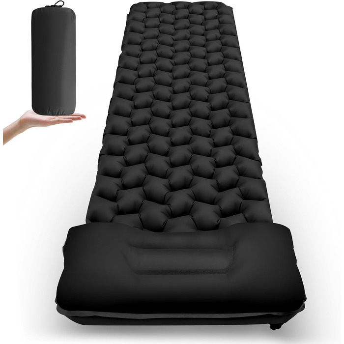 Ultralight Inflatable Camping Mat with Pillow - Waterproof Folding Air Mattress for Camping, Hiking, Travel & Backpacking - Black