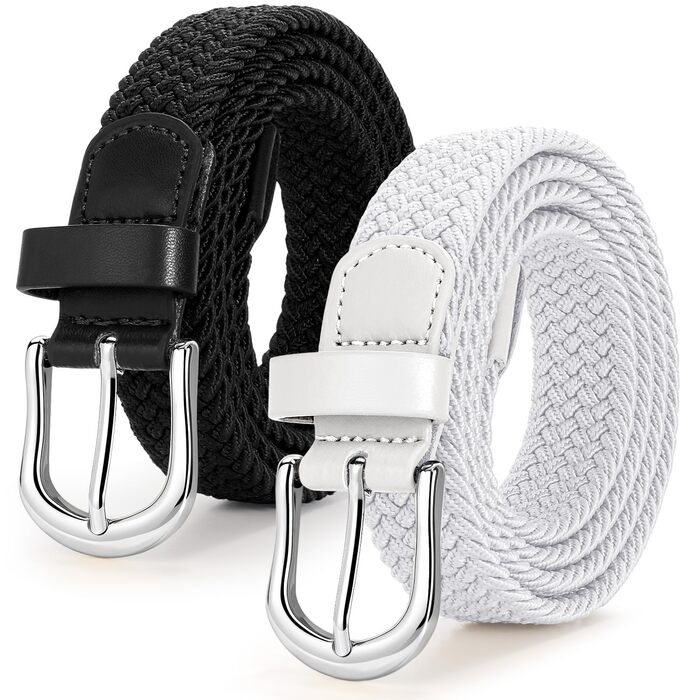 Жіночий плетеный еластичний пояс JASGOOD, льон, 2.5 см, комплект 2 шт. (Чорний + Білий, Розмір M до 86 см)