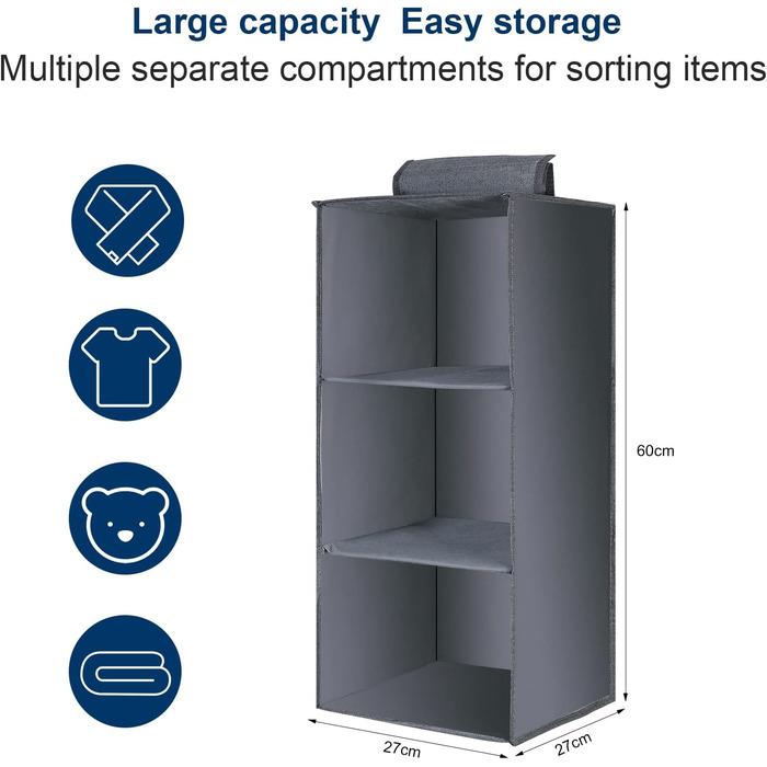 Органайзер для шафи AiQInu з 3 відділеннями, сірий, Medium