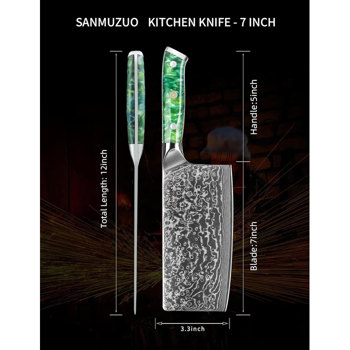SANMUZUO Nakiri Messer 19 см: професійний ніж шеф-кухаря Дамаск, серія Xuan, VG10 сталь, ручка з гірської смоли (Dream Orange)