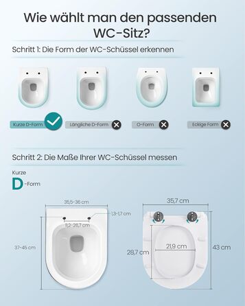 Сідіння для унітаза SONGMICS з мікроліфтом (м'яким закриванням), Urea-Duroplast, D-подібне (коротке), біле, витримує до 300 кг, BTL101WZ01