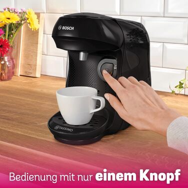 Кавомашина Tassimo Happy TAS1002N від Bosch: понад 70 напоїв, автоматична, для будь-яких чашок, компактна, 1400 Вт, антрацит (чорний). Включає декальцинатор.