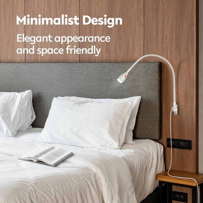 Світлодіодна настільна лампа Acegoo для читання з гнучким регульованим кронштейном (білий). Лампа для ліжка, настінна, диммована, 3000K, поворотна головка для спальні та книг.