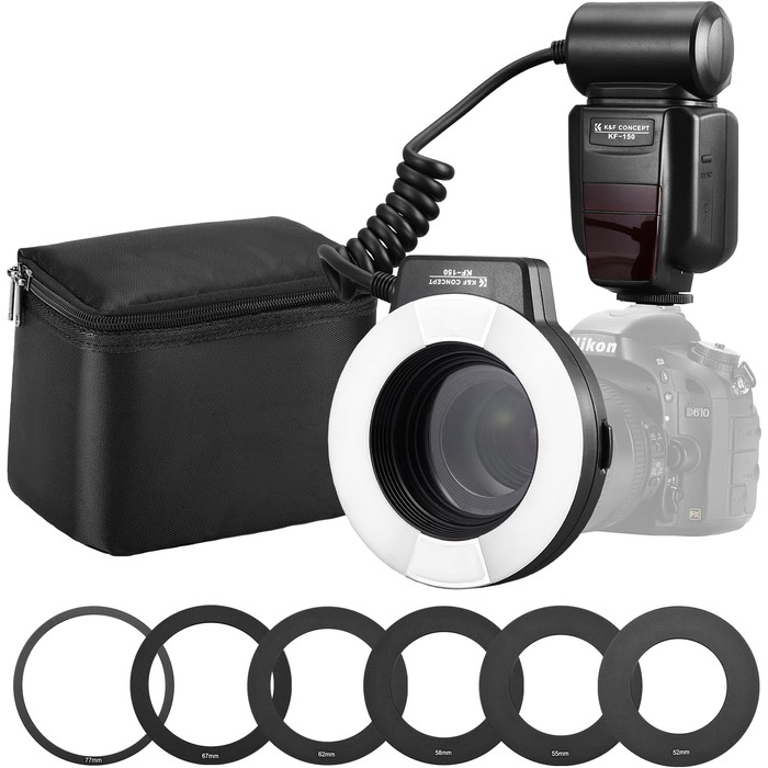 Кольцевий світловий прилад K&F Concept TTL для Nikon DSLR, GN 14, з AF-підсвічуванням та адаптерними кільцями