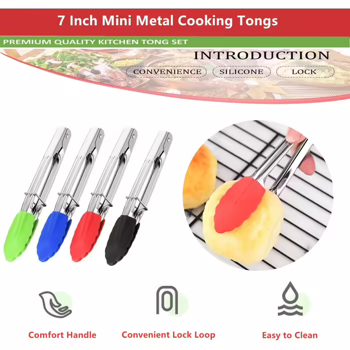 Mini Kitchen Tongs with Silicone Tips, Silicone Serving Tongs with 3 Sets, 17.8 cm, Non-stick Coated Small Tongs with Stainless Steel and Silicone Handles, Heat-resistant Tongs for Cooking, Grilling, Salad