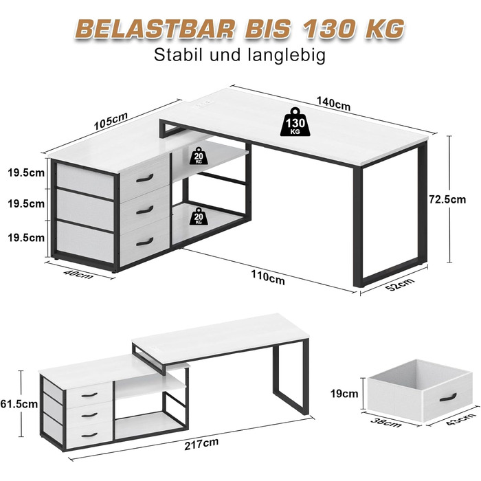 TRIUMPHKEY L-Shaped Desk with 3 Drawers & Storage - Reversible Corner Desk with USB Charging Ports & Outlets - White & Grey (140 x 105 x 75 cm)