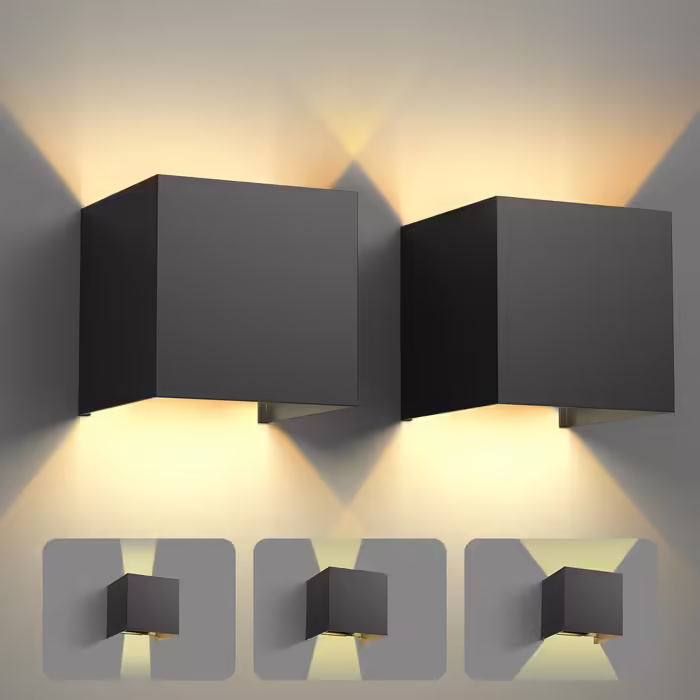 LED настінний світильник 12W, алюмінієвий, регульований кут світла, IP54, тепле біле світло 3000K, для вітальні, спальні, саду, для внутрішнього та зовнішнього використання, 2 шт., колір: білий/чорний
