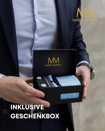 Комплект чоловічий Massi Morino: краватка, нагрудна хустка, запонки, зажим для краватки, подарункова коробка - блакитний Paisley, універсальний розмір. Для весілля.