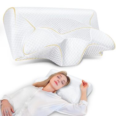 Подушка для шиї Saheyer з піною з пам'яті, 2 в 1: підтримка шиї, подушка для голови, для сну на боці, на животі та на спині, знімний та дихаючий чохол, 59 * 43 * 12/15 см, сірий та білий