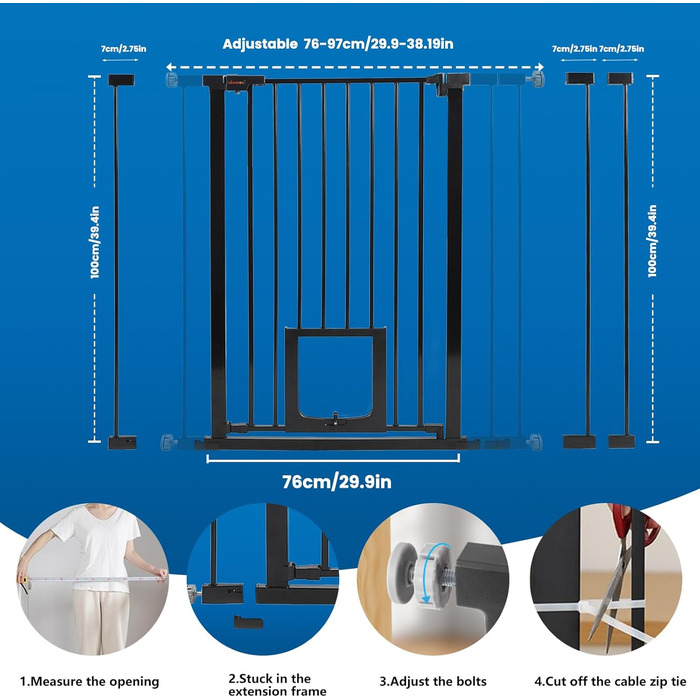 Дитяче ворота UBRAVOO для дверей та сходів, 100 см, безпечне захисне ворота для дітей та домашніх тварин, автоматичне закривання, трикратне блокування, висока модель, ширина 76-97 см, білий колір