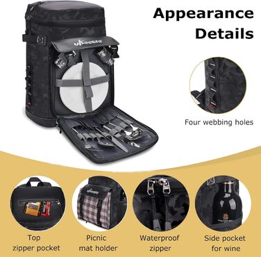 Рюкзак-холодильник Upeelife 30L з підкладкою для пікніка, чорний камуфляж, для кемпінгу та пікніків