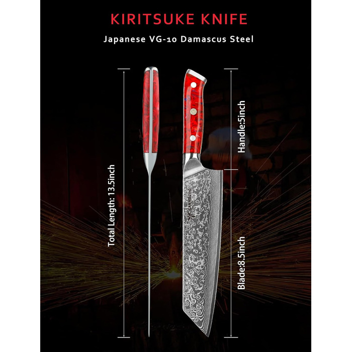Ніж Kiritsuke Damast Xuan, 22 см, сталь VG10, ручка з смоли (сапфірово-синій) - Кухонний ніж для нарізки