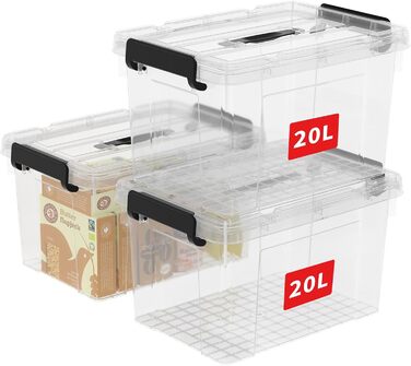 Cetomo Storage Boxes, Portable Plastic Boxes with Lids, Organizer Containers with Handles and Clips, Stackable, Nesting, for Home and Office, Transparent, 90L-3 Pack (20L*3)