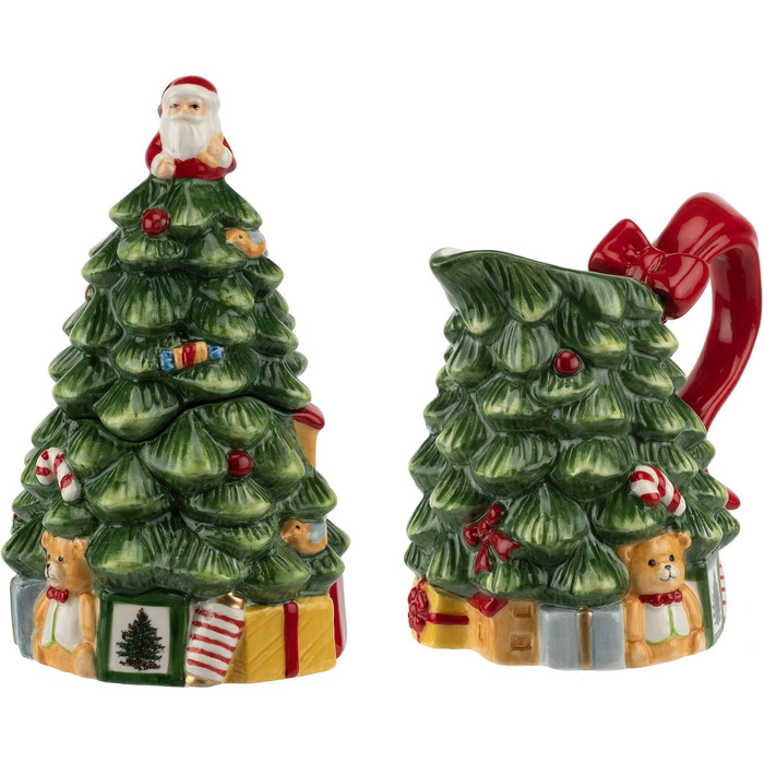 Spode Sugar and Creamer Set with Christmas Tree, Figurine Tree, 209 ml creamer and 150 ml sugar bowl with lid, festive tea and coffee set, dishwasher safe, ceramic tableware.