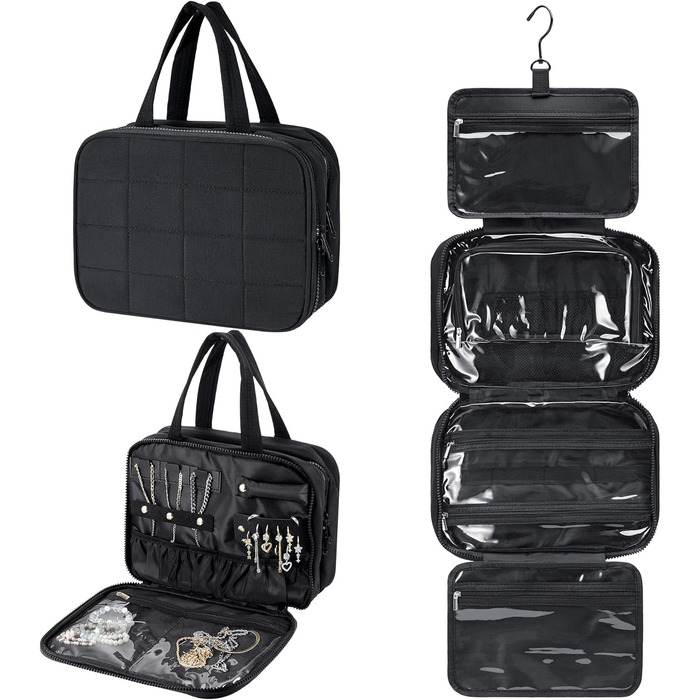 Сумка-органайзер для косметики та аксесуарів для жінок з гачком, чорна. Водонепроникна дорожня сумочка з кількома відділеннями