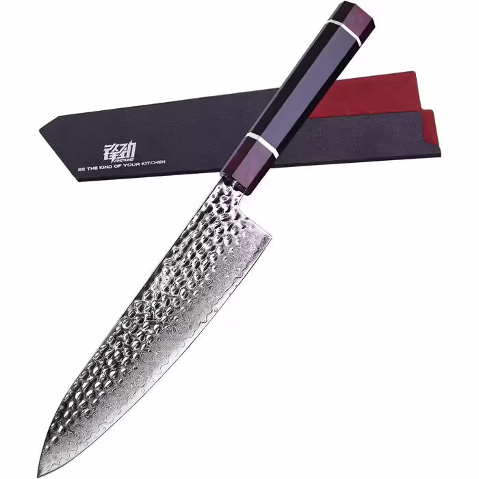 FINDKING Eternity Series Japanese Chef's Knife with ABS Sheath, Professional Kitchen Knife, 9Cr18MoV Damascus Steel Blade, Resin Octagonal Handle, Sharp, for Cutting Meat, 8 Inch/21CM
