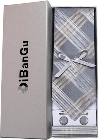 Набір краваток чоловічий DiBanGu з шовковим смугастим та клітинчастим малюнком, з нагрудною хустиною, запонками та краваткотримачем для весілля та офіційних заходів (світло-сірий у клітинку)