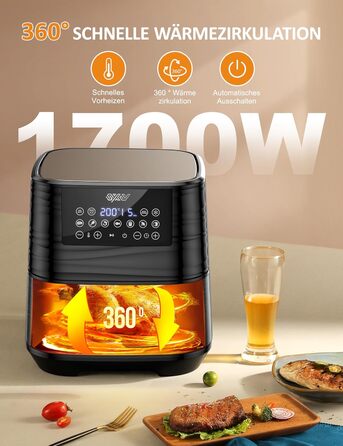 Аерофритюрниця Innsky 5,5 л XXL, 1700 Вт, цифровий LED-екран, 7 програм, функції розігріву, підтримки тепла, розморожування, без олії, з німецькою кулінарною книгою, срібляста