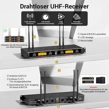 TONOR Бездротовий мікрофонний комплект UHF з 4 каналами: ручний, нагрудний, наголовний мікрофон, 90 м радіус дії, для співу, караоке, 2 ручні мікрофони та 2 нагрудні передавачі