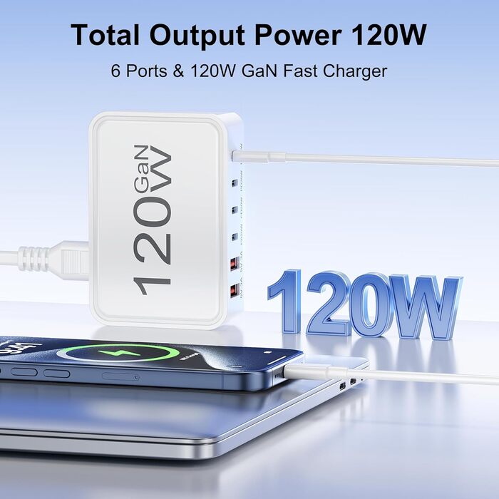 Зарядний пристрій USB-C 120W, 6 портів (4x USB-C, 2x USB-A) PD 3.0, швидка зарядка для iPhone 16/15/14 Pro/Pro Max, iPad – портативний адаптер живлення