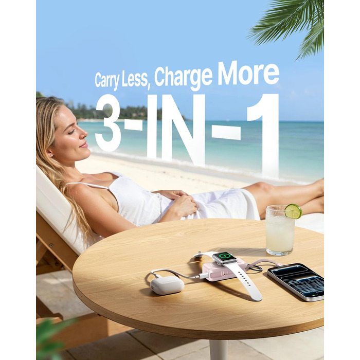 Power Bank INIU для Apple Watch, 5000mAh, вбудований кабель, LCD-дисплей, сумісний з iWatch 10/9/8/Ultra2/Ultra/SE, iPhone 16/15, рожевий