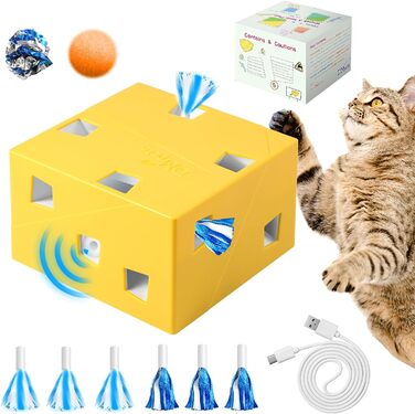 Migipaws Cat Toy, Interactive Electric 12-Hole Mouse Whack-A-Mole, Upgraded Smart Toy, 3 Feathers and 3 Ribbons, Fun Cardboard Design, USB Rechargeable