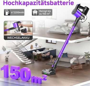 Бездротовий акумуляторний пилосос Hearten 4-в-1 з LED дисплеєм та антизаплутувальною насадкою, сенсорне управління, для видалення шерсті тварин, килимів та твердих поверхонь (фіолетовий)